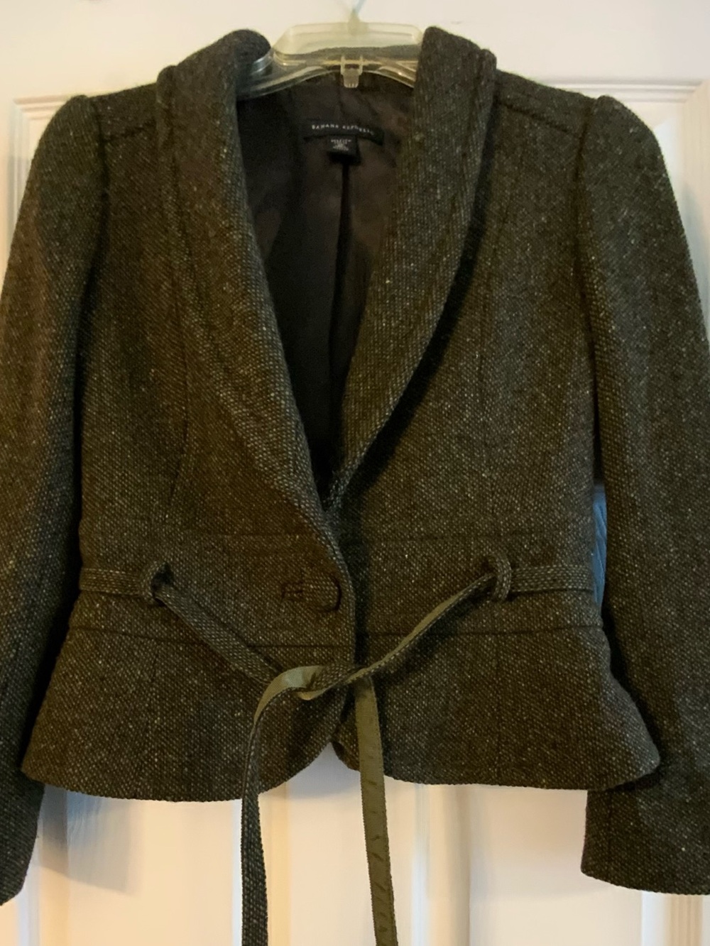 Banana Republic Petite 2P Green Brown Wool Blend Tie-Belt Lined Peplum Jacket - Picture 7 of 8